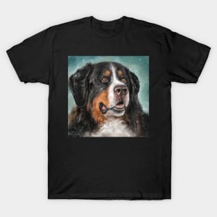 Painting of a Bernese Mountain Dog, on Dark Turquoise Background T-Shirt